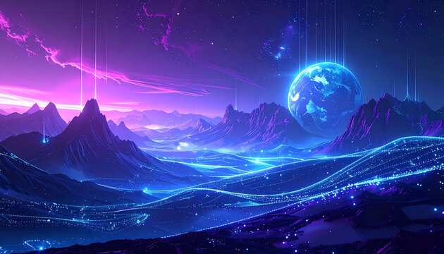 Abstract alien landscape with glowing purple mountains and blue planet in a digital nebula, futuristic science fiction scene