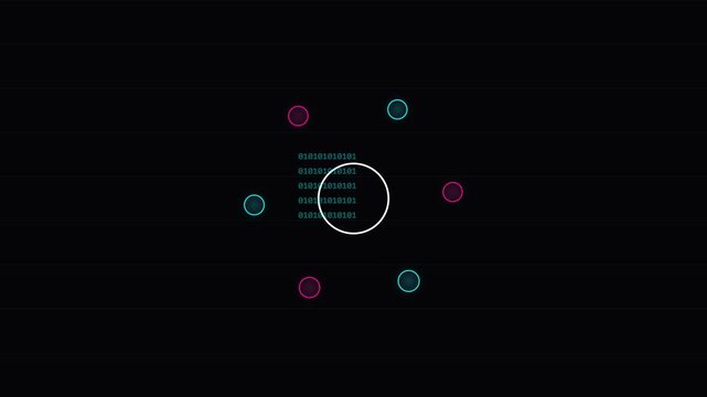 Abstract digital interface animation featuring glowing colorful circles and binary code data over a dark background