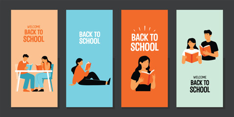 Fototapeta premium Welcome back to school banner set with students reading books flat illustration