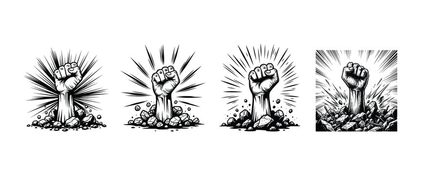 Four raised fists emerging from ground with explosion lines around them in comic style