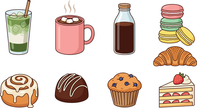 Cafe menu vector illustration set with clean outline stroke featuring matcha latte hot chocolate macarons croissant cinnamon roll muffin and cake slice desserts