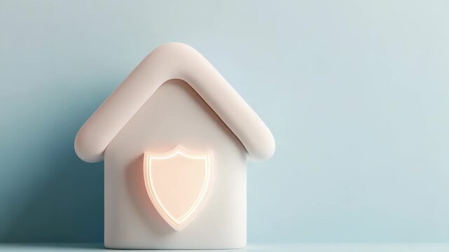 A small house model is being created with a light and a shield shape. The setting is bright with soft colors. Tools and materials are shown as they come together step by step