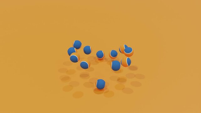 Abstract 3D background with blue and orange tennis balls arranged in a circle, bouncing rhythmically on an orange backdrop, forming hypnotic minimal animation with dynamic visual symmetry