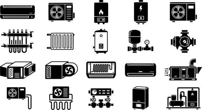 HVAC Equipment Silhouette Icon Set &ndash; Black Heating, Ventilation, Air Conditioning, Boiler, Pump, Radiator and Cooling System Vector Collection