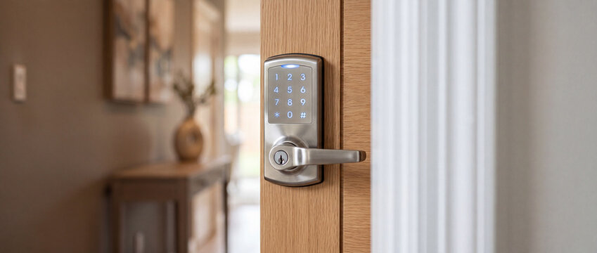 Smart keypad door lock on wooden interior door &mdash; modern home security and keyless entry solution