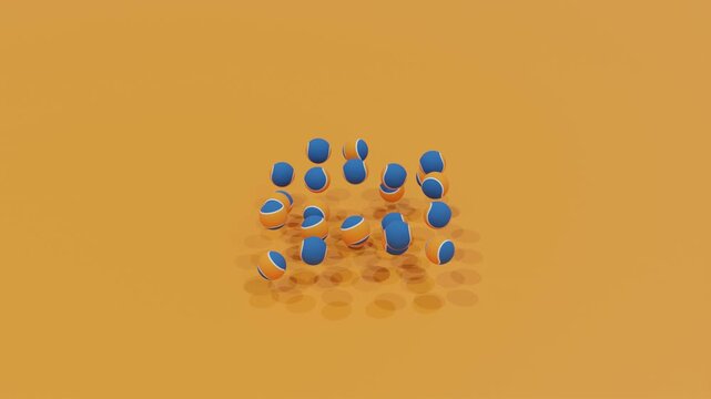 Abstract 3D animation featuring blue and orange tennis balls arranged in a square grid, bouncing playfully on an orange surface, creating vibrant geometric motion and rhythmic modern visual compositio
