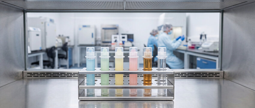 Colorful test tubes in stainless steel rack with scientists working in clean laboratory environment