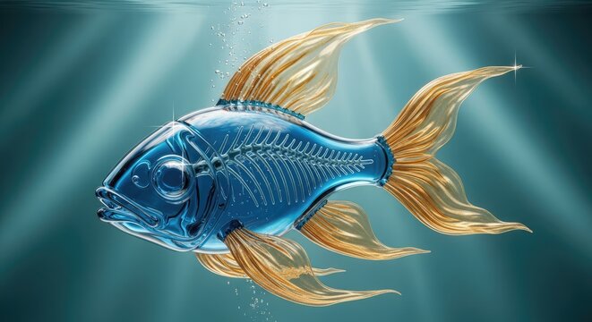 Translucent glass fish skeleton with golden fins underwater