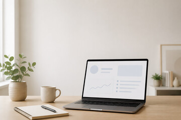 Fototapeta premium A laptop sits on a wooden desk in a bright, modern room next to a potted plant and a mug.