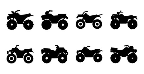 Black atvs and dirt bikes silhouette icons set - A clean set of black silhouette icons featuring various ATVs and dirt bikes in different poses for versatile graphic use. © MST