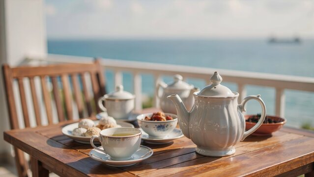 Afternoon tea service with teapot and snacks on a wooden table on a balcony with ocean view.