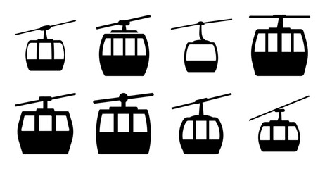 Modern gondolas suspended on a cable system - A clean, stylish illustration of sleek black gondolas traveling along a cable line, ideal for transport or mountain resort themes. © MST