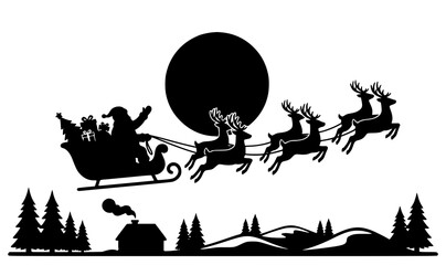 Santa on sleigh with flying reindeer silhouette winter landscape full moon vector © ABDUL STUDIO
