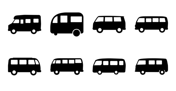Black and white bus icons set variety - A clean set of diverse black and white bus icons featuring minibuses and coaches in a simple, modern style for graphic design use.