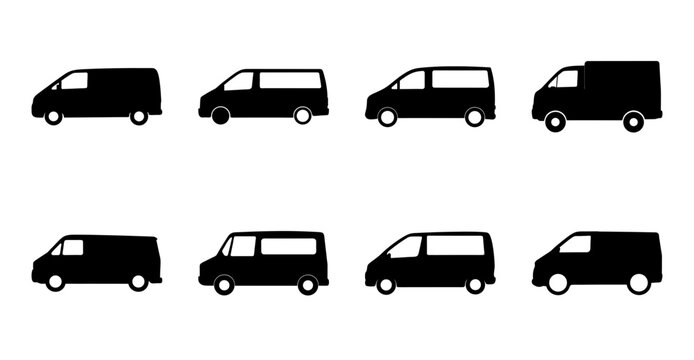 Black delivery vans and minivans icon set - A clean, minimalist icon set featuring black delivery vans, minivans, and cargo vehicles in simple line art style.
