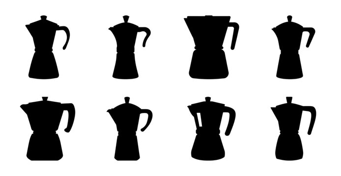 Black coffee makers and italian stovetop espresso pots - A collection of stylish black coffee makers and traditional Italian stovetop espresso makers in minimalist silhouette style.