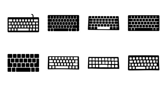 Flat design keyboard icons set in various styles - Minimalist collection of keyboard icons in different layouts and designs for digital projects and user interfaces.