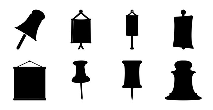 Black push pins and clothespins set illustration - Simple black and white vector icons of push pins, clothespins, and clothespin variations in a clean design style.