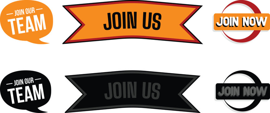 Creative Join Us, Join Now and Join Our Team badge collection with modern recruitment labels, hiring buttons, call to action banners and promotional sticker designs in vector style.
