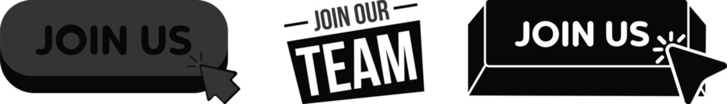 Creative Join Us, Join Now and Join Our Team badge collection with modern recruitment labels, hiring buttons, call to action banners and promotional sticker designs in vector style.