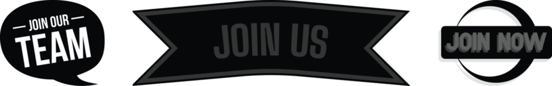 Creative Join Us, Join Now and Join Our Team badge collection with modern recruitment labels, hiring buttons, call to action banners and promotional sticker designs in vector style.