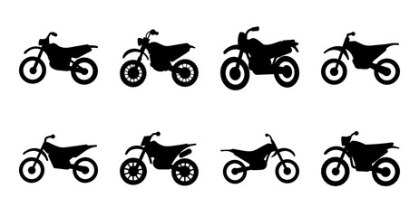 Fototapeta premium Six different dirt bike silhouettes in black - Set of six stylish black dirt bike silhouettes arranged neatly for vector or graphic design use.