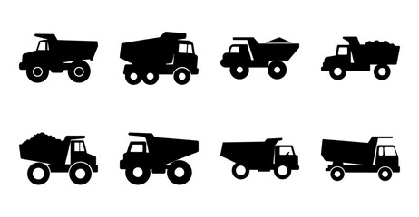 Black construction dump trucks line art icons - Six black dump trucks arranged in two rows, depicted as clean line art icons for construction or industrial design projects. © MST