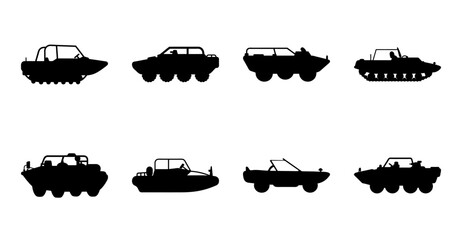 Eight black military vehicle silhouettes in row - Modern black silhouettes of eight different military vehicles arranged neatly in two rows of four for design or illustration use. © MST