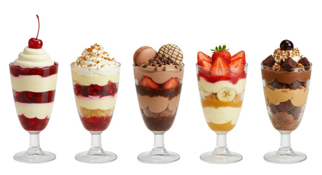 Five gourmet parfaits in glasses, lined on white studio background with copy space. Sharp focus on decadent layers and toppings, concept for dessert advertising