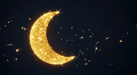 Naklejka premium A shimmering golden crescent moon created from fine glitter glows on a dark background while elegant sparkles drift slowly through the air, night, glowing, galaxy