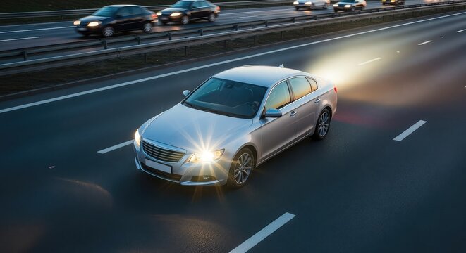 A silver sedan on a multilane highway is illuminated by a bright flash from an automated roadside speed camera during traffic control, law, sensor, automatic
