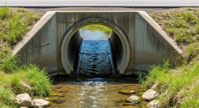 A sturdy concrete culvert pipe rests beneath a paved road, allowing a steady stream of water to flow through the drainage infrastructure, drainage, urban, structural
