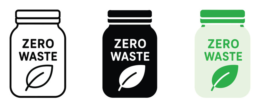 Zero waste concept icons featuring glass jar and leaf symbol, sustainability