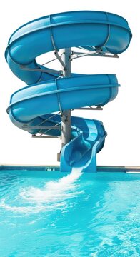 A vibrant blue waterslide twists in a dramatic spiral, leading down to a sparkling turquoise pool with refreshing ripples and white foam, wet, ripples, entertainment