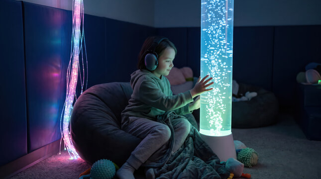 Child interacting with glowing sensory room lights and bubble tube.
