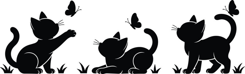 Set of black cat silhouettes playing with butterflies in the grass, cute feline for pet shop or animal theme on a white background © Bappy