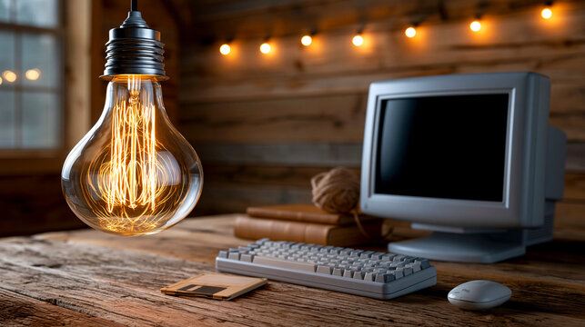 Vintage incandescent light bulb glows above a retro computer setup on a wooden desk with warm string lights in the background