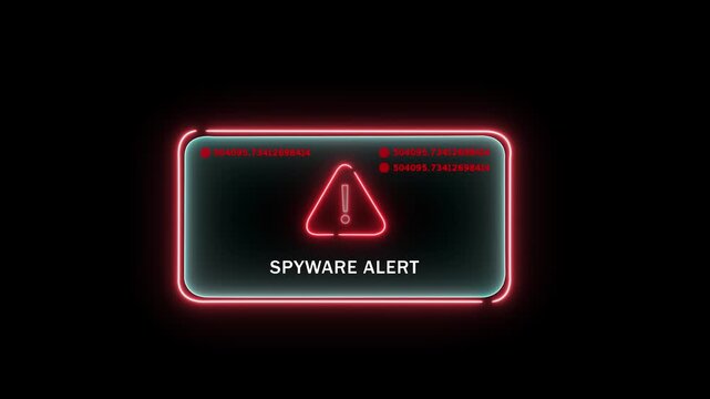 Cybersecurity spyware alert notification with glowing red neon warning sign and digital data stream interface for advanced network protection and online privacy threat detection systems animation