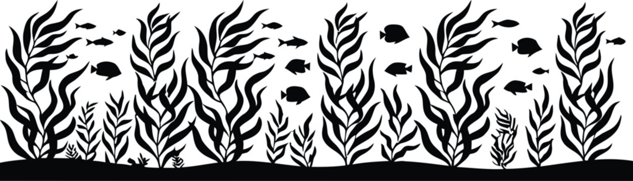 underwater grass and fishes silhouette vector