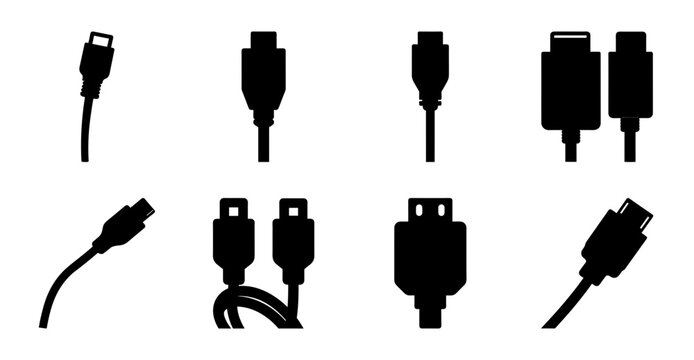 Black usb and hdmi cable connectors set illustration - Minimalist line art showing various USB and HDMI cable connectors in black, ideal for tech or electronics stock graphics.