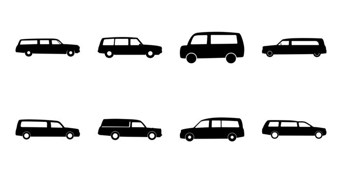 Eight black station wagon and minivan icons - A set of eight clean, minimalist black station wagon and minivan icons in a simple line-up style, perfect for web design and presentations.