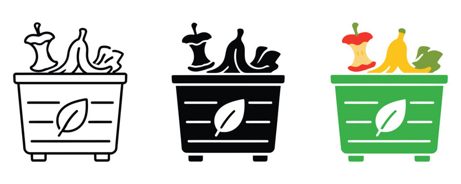 Organic waste composting bin icons with food scraps environment sustainability
