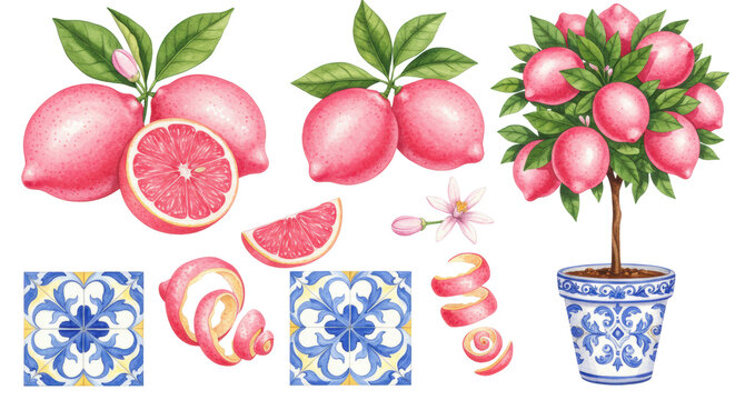 Vibrant watercolor illustration of pink lemons, zest, blossoms, a topiary in a blue pot, and Mediterranean tiles, isolated on white, Mediterranean design concept