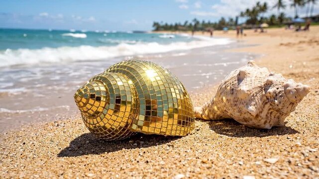 Slow motion tracking shot of reflective disco shell and natural conch resting on tropical sandy shoreline with gentle waves under bright midday sun