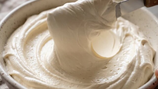 Slow motion close up of spatula smoothing buttercream frosting in ceramic bowl on kitchen countertop for baking preparation, creamy texture and gentle stirring motion captured in neutral light