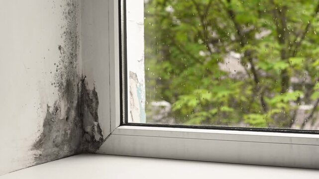 Black mold contamination around window frame reveals persistent humidity problem in apartment. Fungal infestation affects plaster and wall surfaces through moisture buildup and limited airflow.