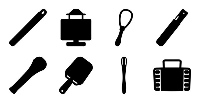 Flat icons set of black household cleaning tools - A minimalist black and white flat icon set featuring essential cleaning tools like brushes, mop, and spray bottle for household use.