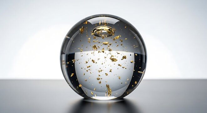 Luxury glass paperweight with gold flecks on a gray surface