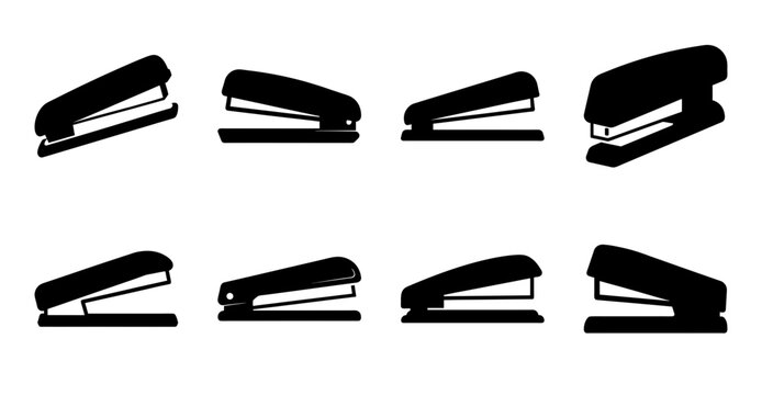 Black staplers in different styles and angles - A collection of eight black staplers shown from various angles and orientations, clean and modern design for office or design projects.