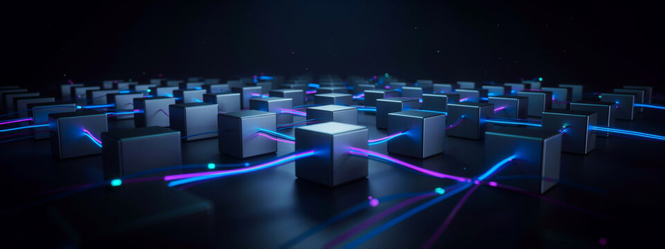 Digital infrastructure concept with interconnected metallic data blocks and glowing blue light network pathways technology connectivity abstract futuristic communication infrastructure metallic
